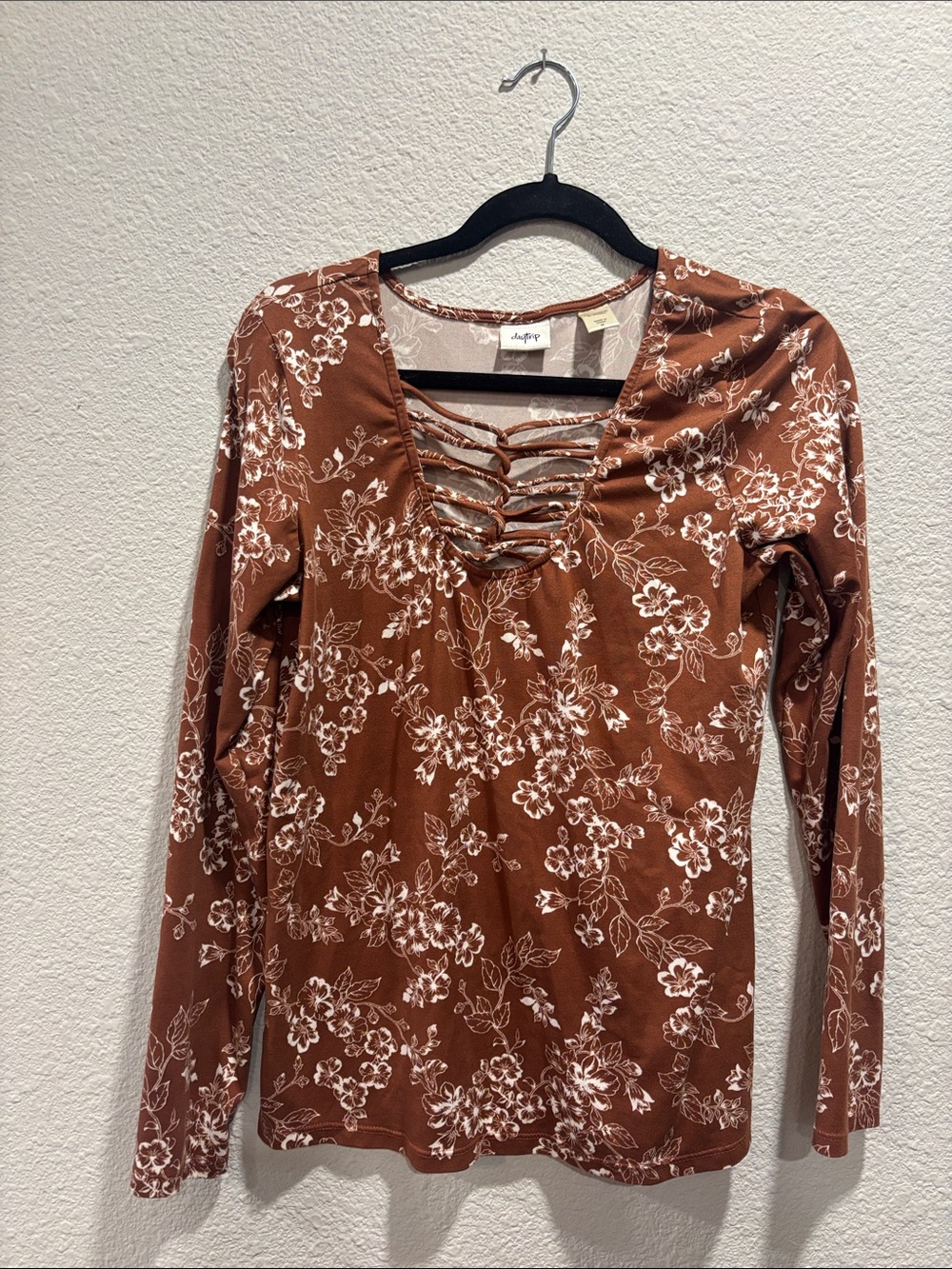 Daytrip Rust Brown Floral Lace-Up Long Sleeve Top
